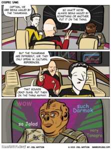 A Star Trek crew sees an alien on a screen with meme phrases like Wow and such Darmok in colorful text, showing how to communicate effectively across galaxies.