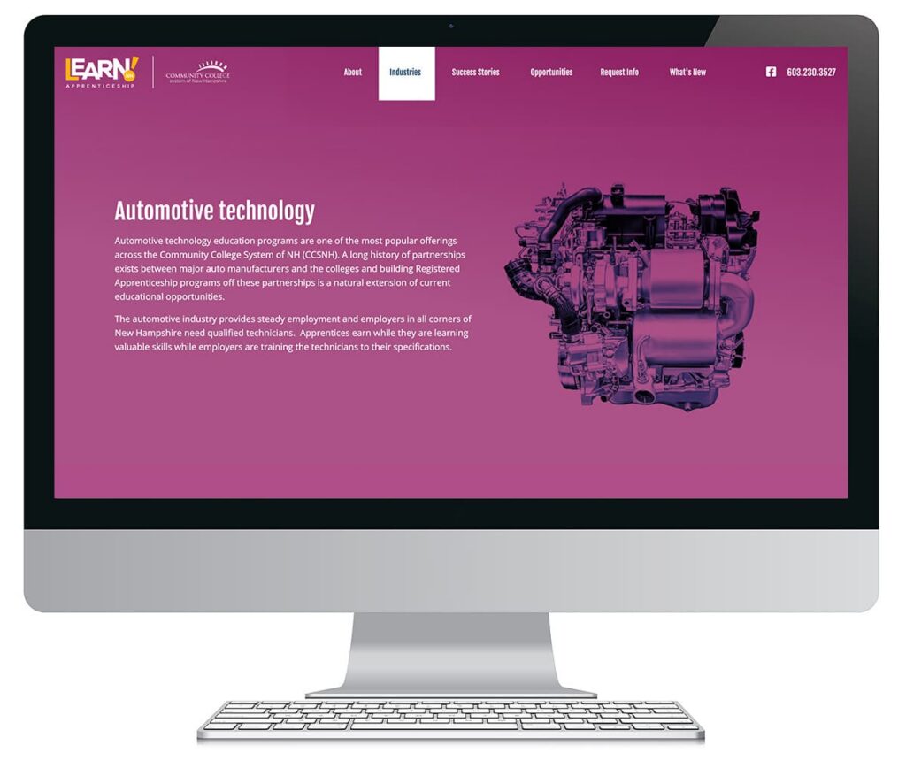 A computer monitor displays an apprenticeship website design about automotive technology, featuring a purple engine graphic.