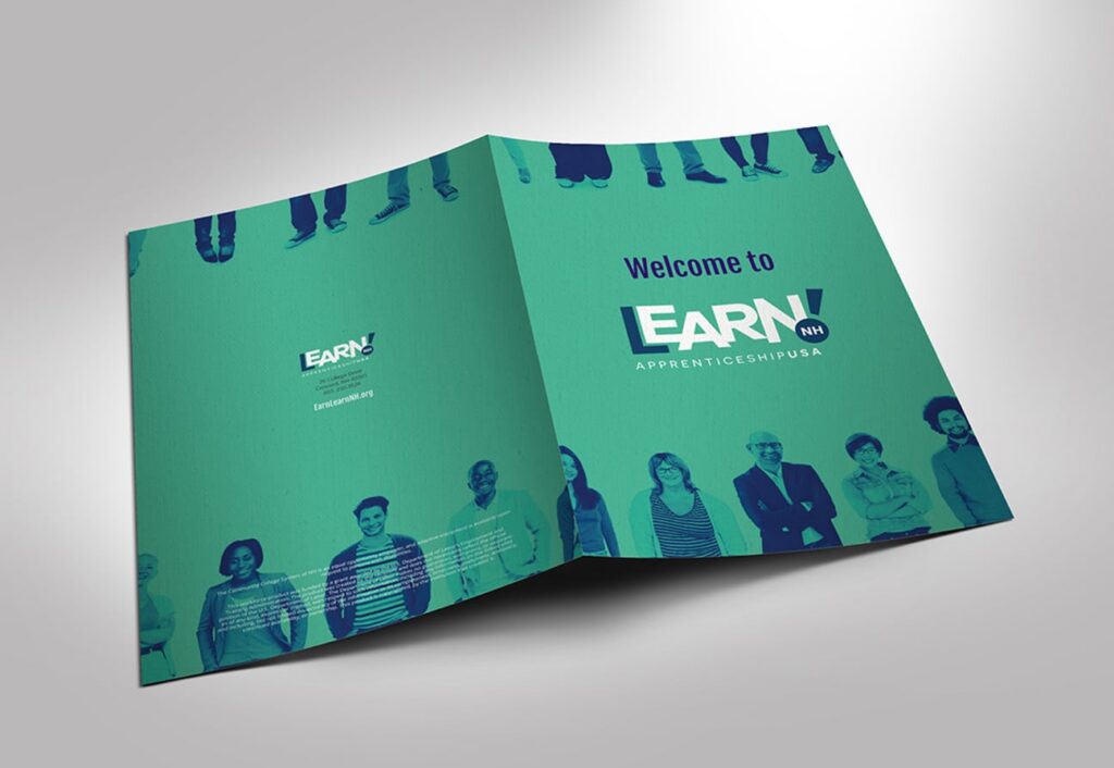 A brochure featuring "Welcome to EARN Apprenticeship USA" and silhouettes of diverse people across the bottom highlights our new Apprenticeship website design.
