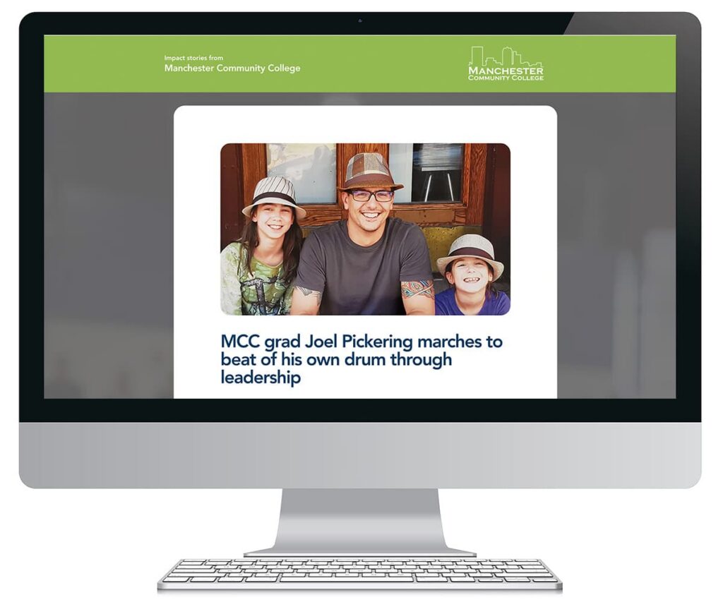 A smiling man and two kids in hats sit together; headline reads: MCC grad Joel Pickering marches to the beat of his own drum in this inspiring branding case study.