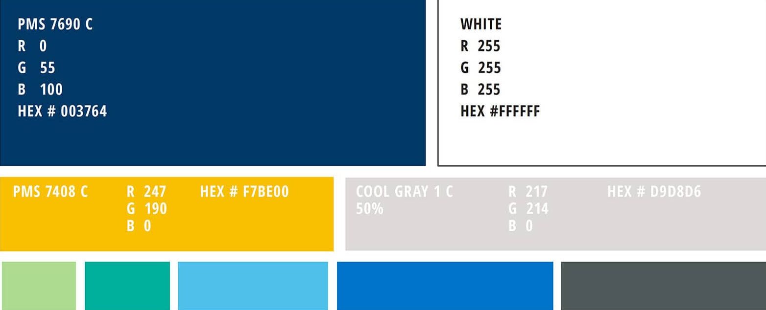 Color palette with swatches and their PMS, RGB, and HEX codes—perfect for any branding case study—including blue, white, yellow, teal, and gray.