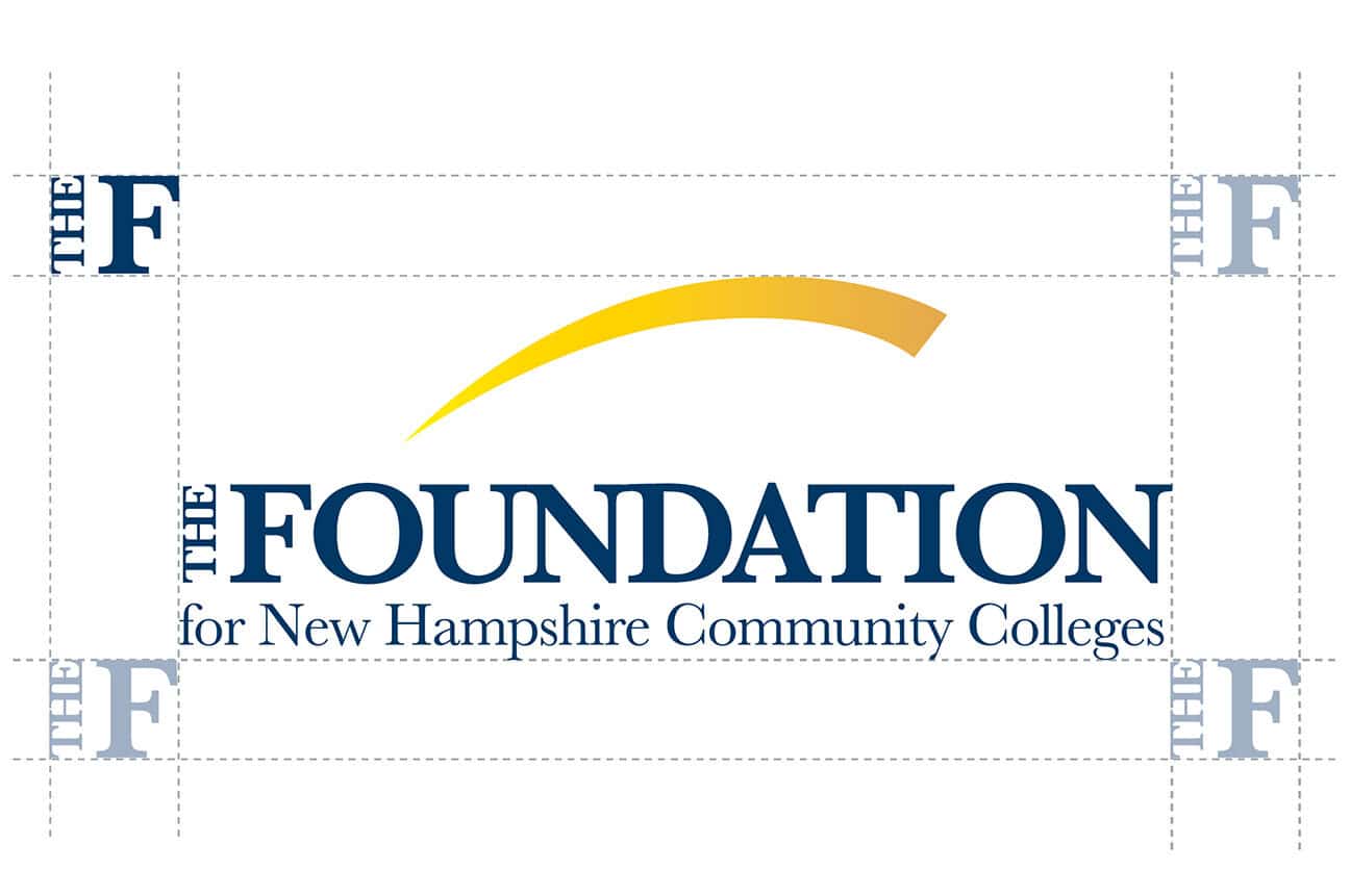 Logo for The Foundation for New Hampshire Community Colleges with a yellow arc above the word Foundation, featured in a branding case study.