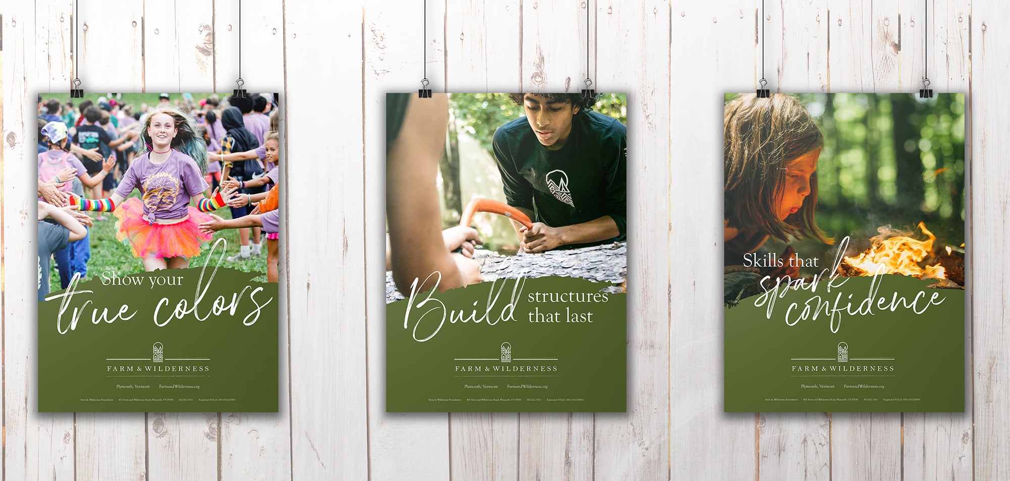 Three posters for a Summer Camp Ad Campaign show kids at camp: playing, building, and tending a fire, each with motivational text.