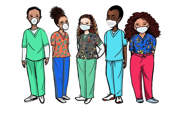 Five healthcare workers in colorful scrubs and masks stand together, facing forward on a white background—an ideal image for healthcare digital marketing campaigns.