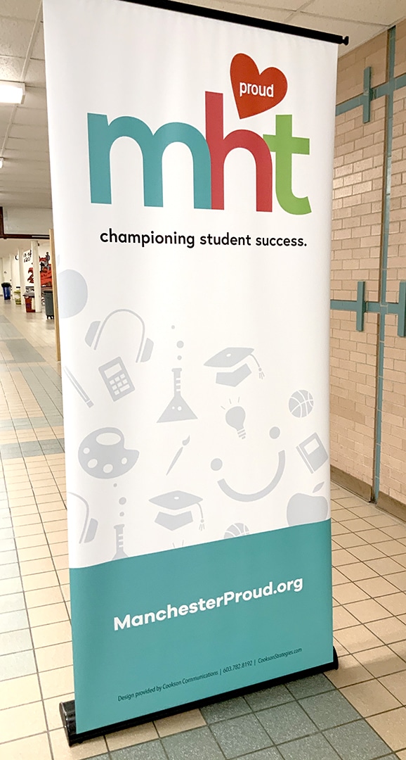 Vertical banner reads mht Proud, championing student success with vibrant city branding and logo design. ManchesterProud.org with school-themed icons below.