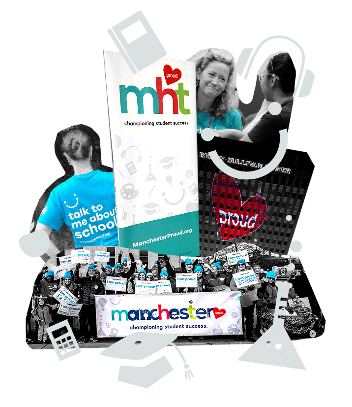 A display for Manchester Proud with banners, flyers, and people promoting student success and school pride, featuring vibrant city branding and logo design.