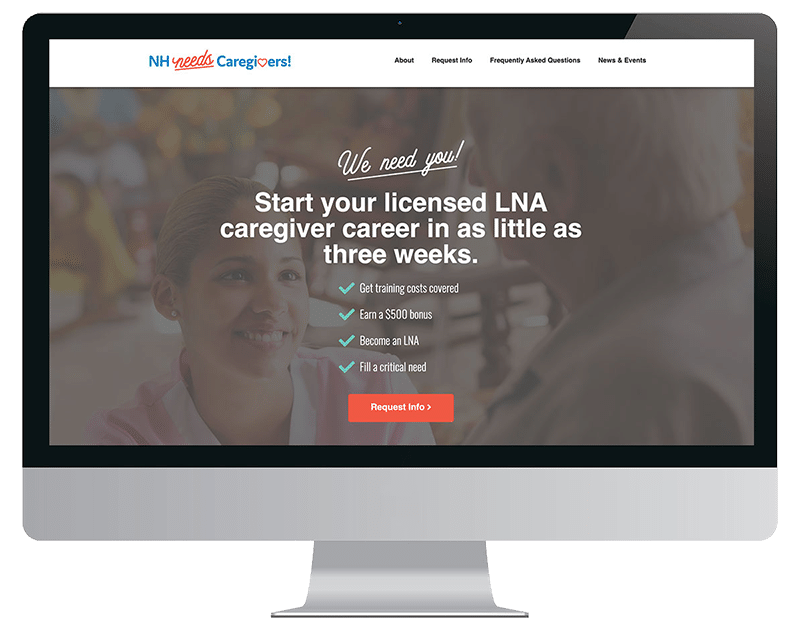 A website on a computer screen, powered by healthcare digital marketing, promotes starting an LNA caregiver career in as little as three weeks.