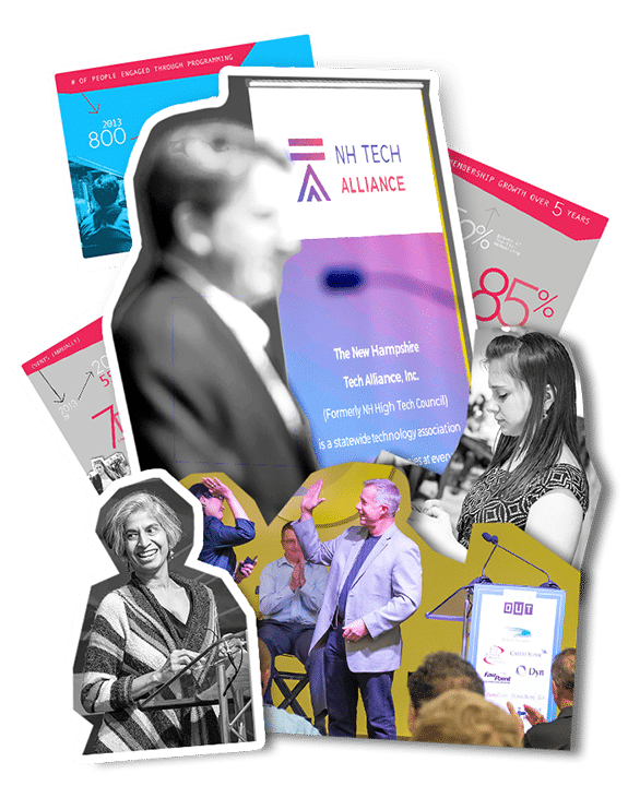 Collage of NH Tech Alliance events, highlighting non-profit communications through people speaking, networking, infographics, and logos.