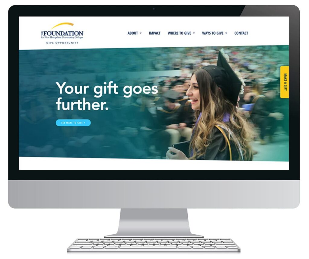Computer screen displaying a graduation website with a smiling graduate and the text Your gift goes further, featured in a branding case study.