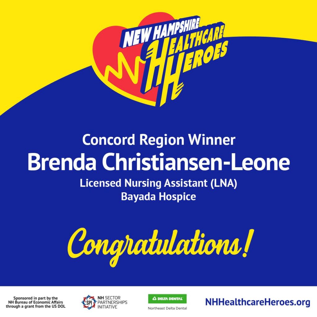 Award graphic for New Hampshire Healthcare Heroes, featuring healthcare branding and honoring Brenda Christiansen-Leone, Concord Region Winner.