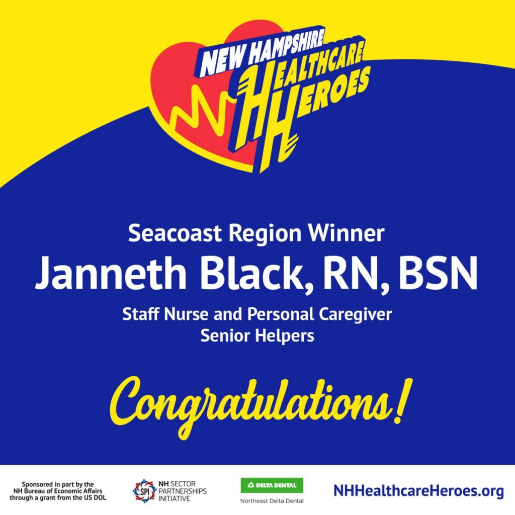 Award graphic for NH Healthcare Heroes, featuring healthcare branding and honoring Janneth Black, RN, BSN, as Seacoast Region Winner.