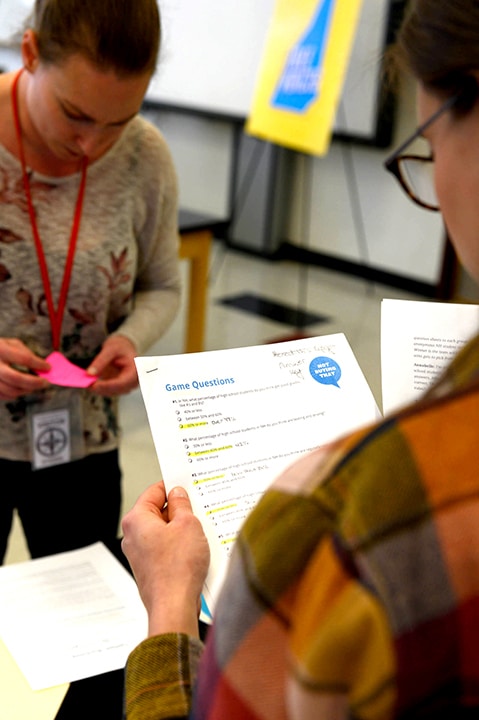 Two people review printed game questions and notes in a classroom or workshop setting as part of a youth empowerment program.