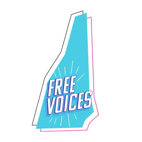 Stylized New Hampshire outline with Free Voices text, radiating white lines, and a blue background—representing a youth empowerment program.