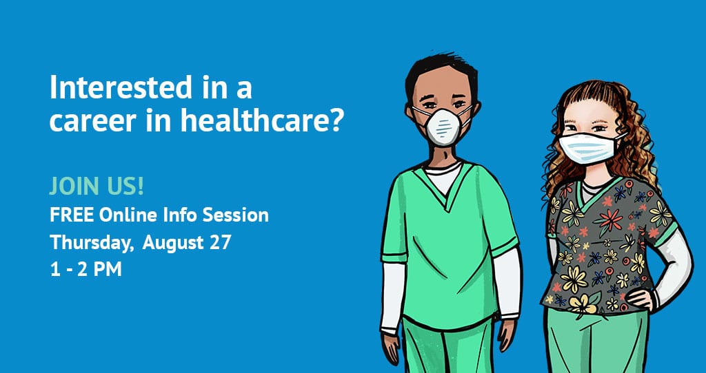Illustration of two masked healthcare workers, highlighting a free online info session about healthcare careers and the impact of healthcare digital marketing.
