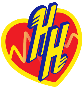 A red heart with a yellow border, a zigzag line, and two bold yellow H letters overlapping in front, evoking strong healthcare branding.