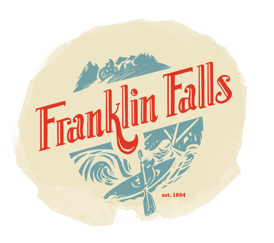 Retro-style Franklin Falls logo featuring mountains, trees, a kayaker on rapids, est. 1894 text—perfect for a city rebrand that honors the town's adventurous spirit and heritage.