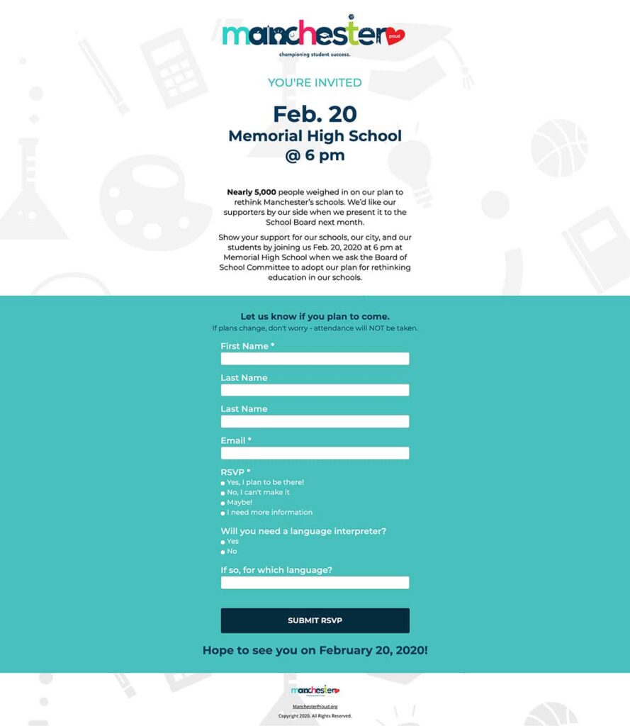 Invitation for an education event at Memorial High School, featuring colorful text accents and insights into city branding and logo design. RSVP using the form provided.