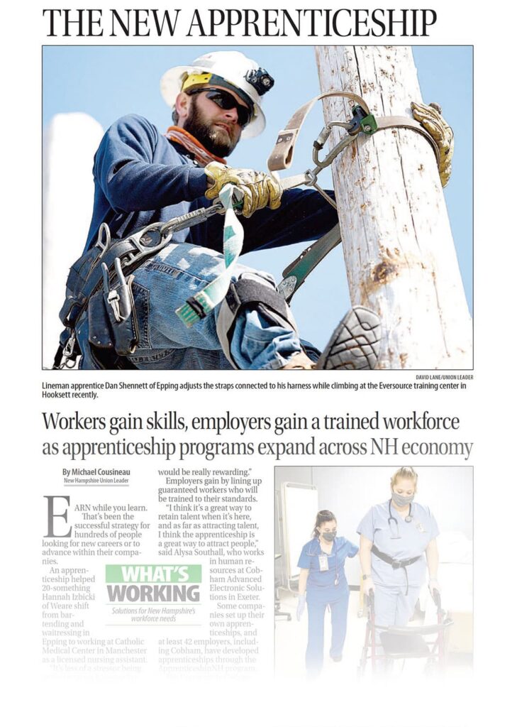 A lineman apprentice adjusts his harness while climbing a utility pole during training, featured on an apprenticeship website design.