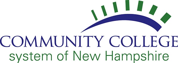 Community College System of New Hampshire logo featuring a blue arc and green marks above the text, reflecting strong community college communications.