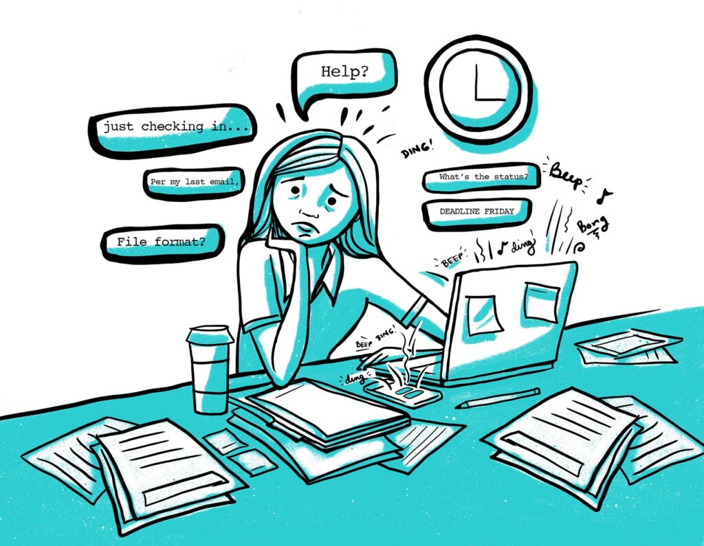 Illustration of a woman using her laptop stressed about multiple notifications - social media tools for small businesses