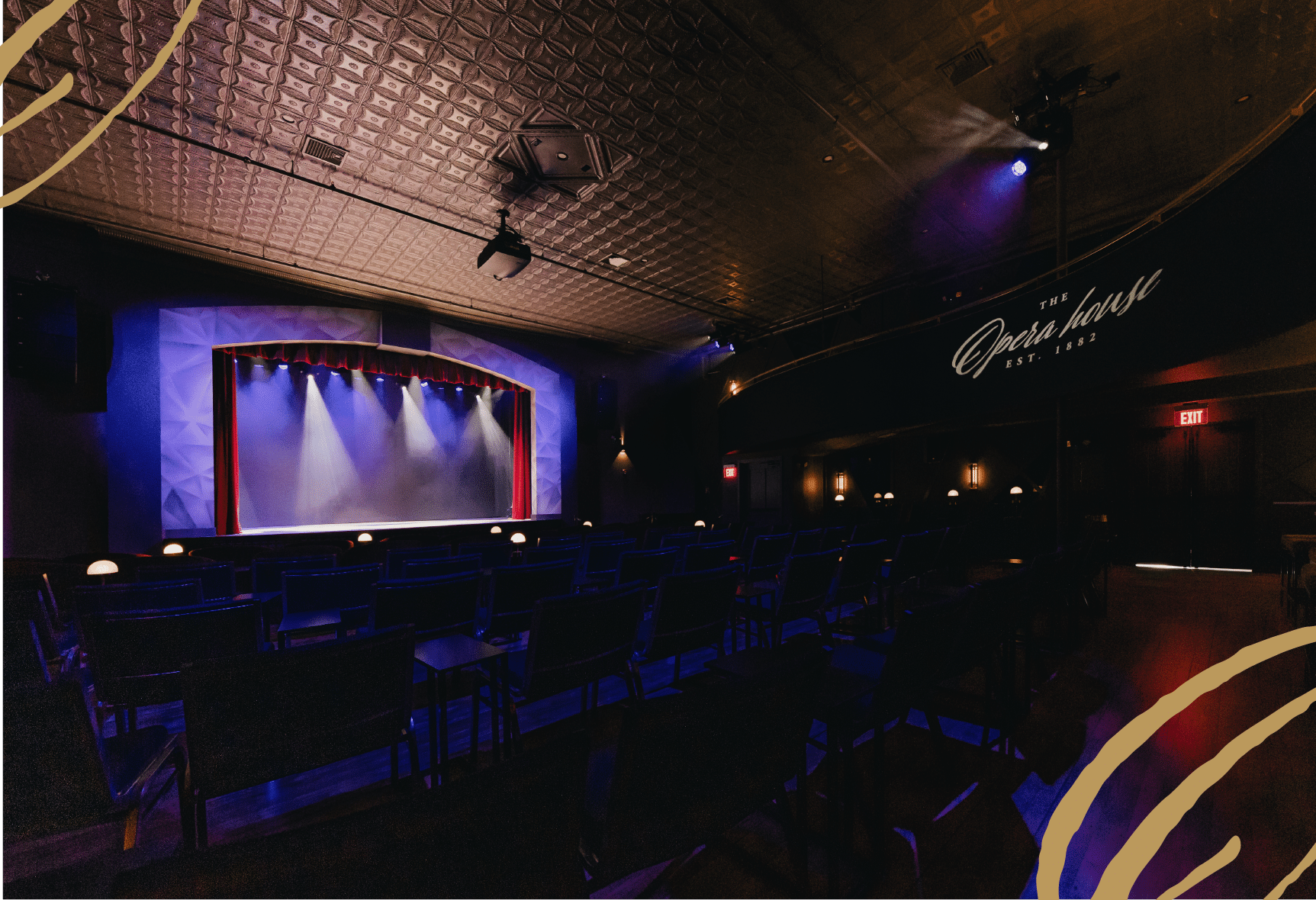 Dimly lit theater with empty seats, stage lights on, and The Parish House projected on the wall—perfect for an intimate event or media relations gathering.