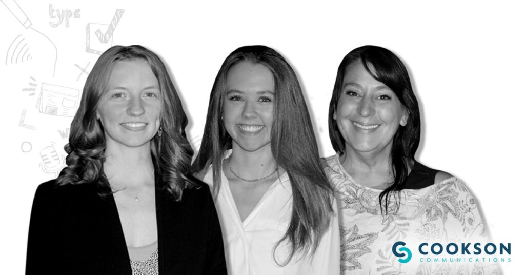Three women smiling, standing side by side with the Cookson Communications logo in the bottom right corner.