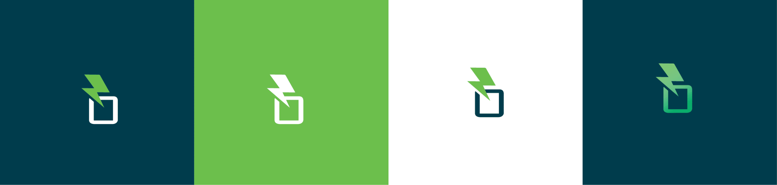 Four variations of a battery icon with a lightning bolt, each on different colored backgrounds—perfect for adding an energetic touch to your manufacturing website design.
