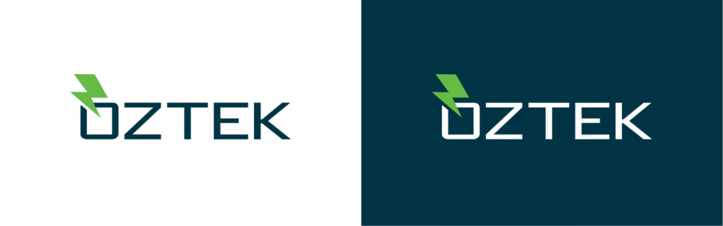 OZTEK logo with a green lightning bolt over the O, featured on white and dark blue backgrounds—ideal for a modern manufacturing website design.