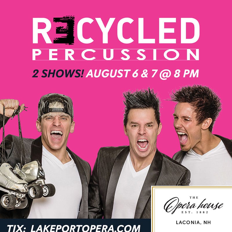 Three excited men in black jackets promoting Recycled Percussion shows, August 6 & 7 at the Lakeport Opera House, spotlight their latest Media Relations efforts.