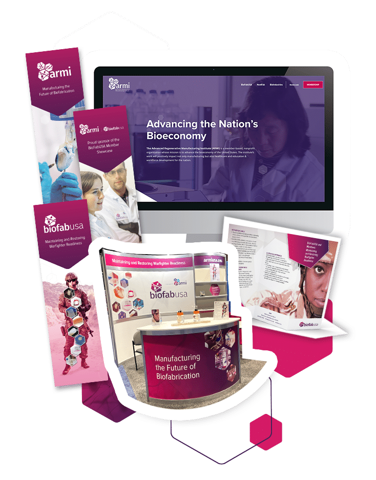 A collage of promotional materials for ARMI and biofabusa, featuring brochures, a website, and an exhibit booth.