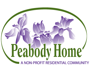 Logo featuring rebranding elements with purple iris flowers and green text: Peabody Home, A Non-Profit Residential Community.