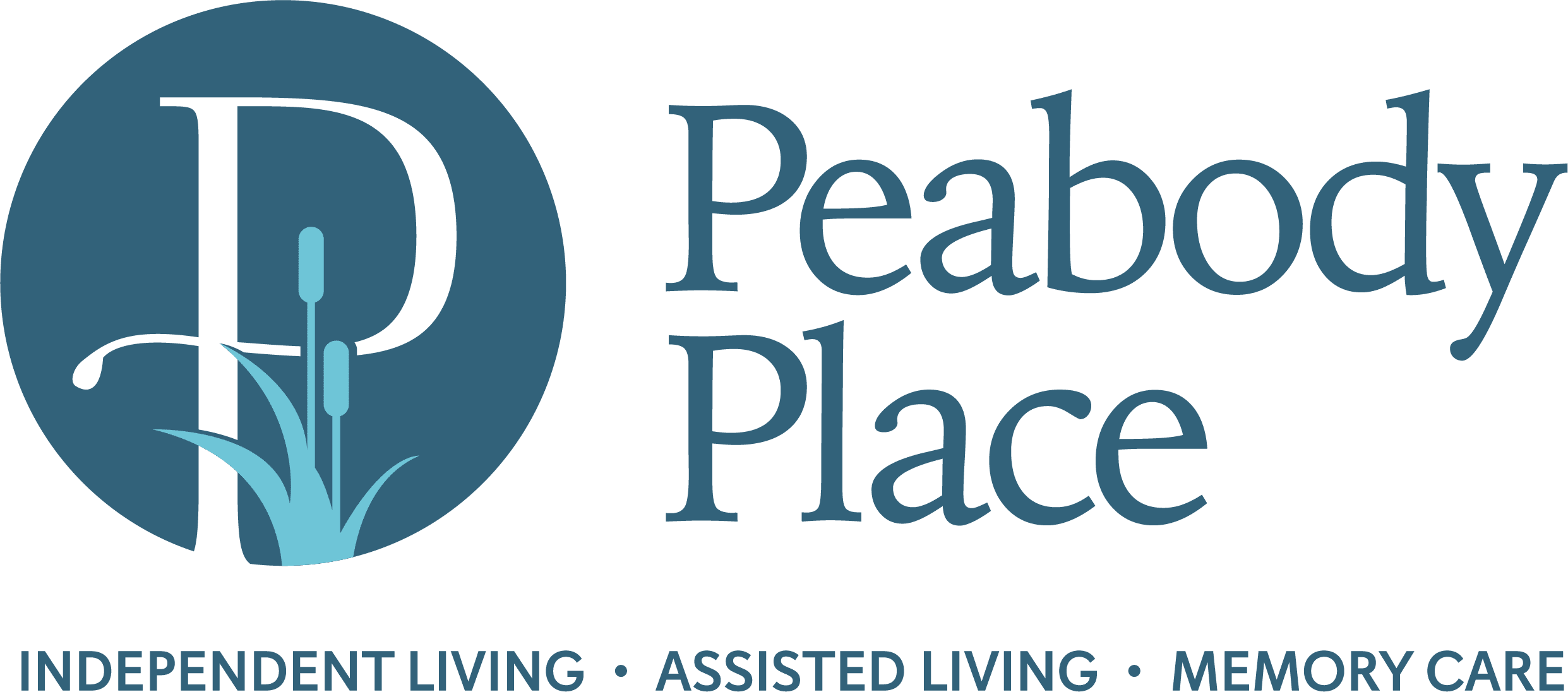 Peabody Place rebranding logo with text: Independent Living, Assisted Living, Memory Care, and a circle with cattail plants.