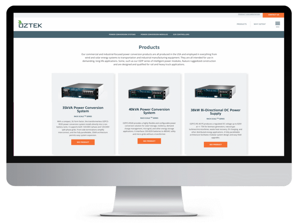 A computer screen displays three OZTEK power conversion products with descriptions and red See Product buttons, showcasing a modern manufacturing website design.