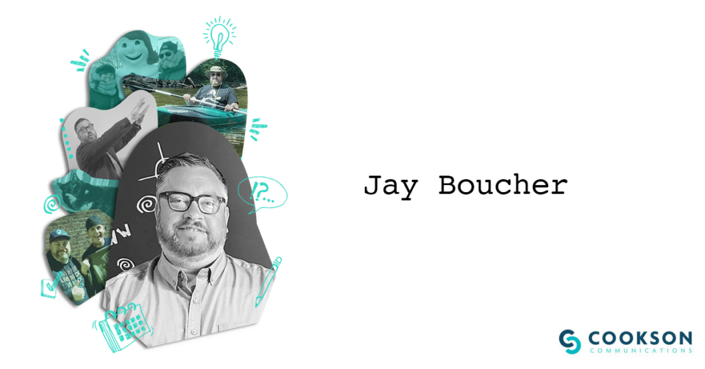 Black-and-white portrait of Jay Boucher with teal doodle art and Cookson Communications logo on the right.