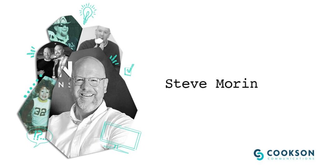 Smiling bald man with glasses, collage of smaller photos, text: Steve Morin, Cookson Communications logo.