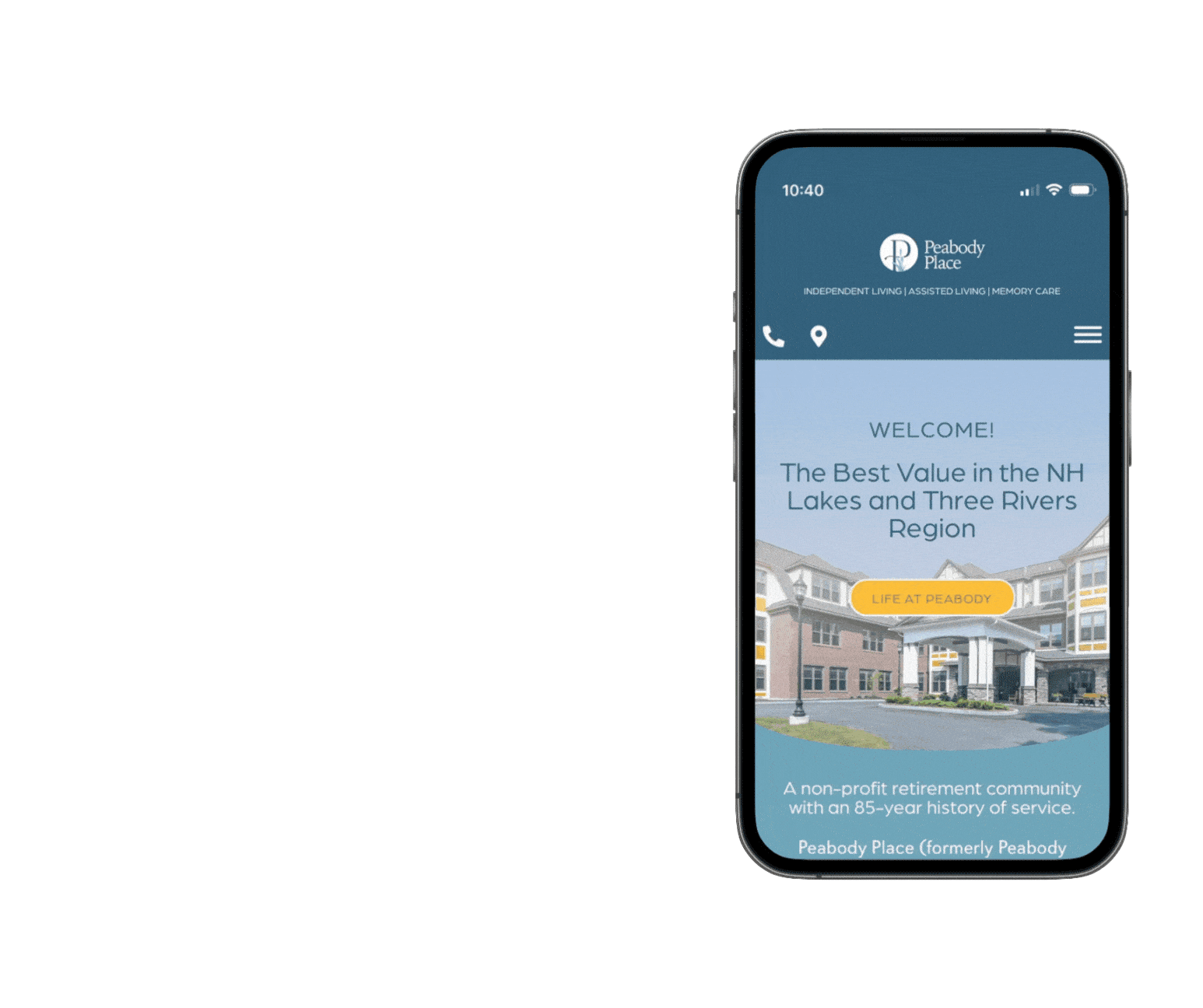 A smartphone displays the rebranding of the Peabody Place retirement community website welcome page.