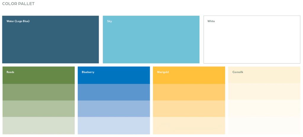 Color palette chart for rebranding with labeled swatches: Water, Sky, White, Reeds, Blueberry, Marigold, and Cornsilk.