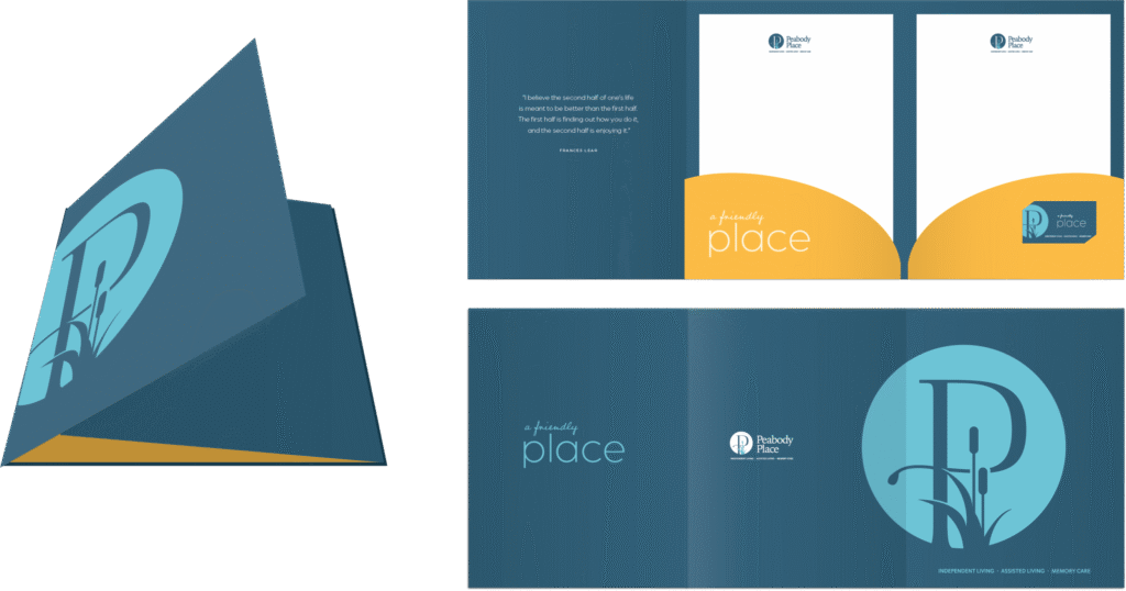 A blue and yellow Peabody Place presentation folder with a rebranding logo and friendly place text on the front and inside.