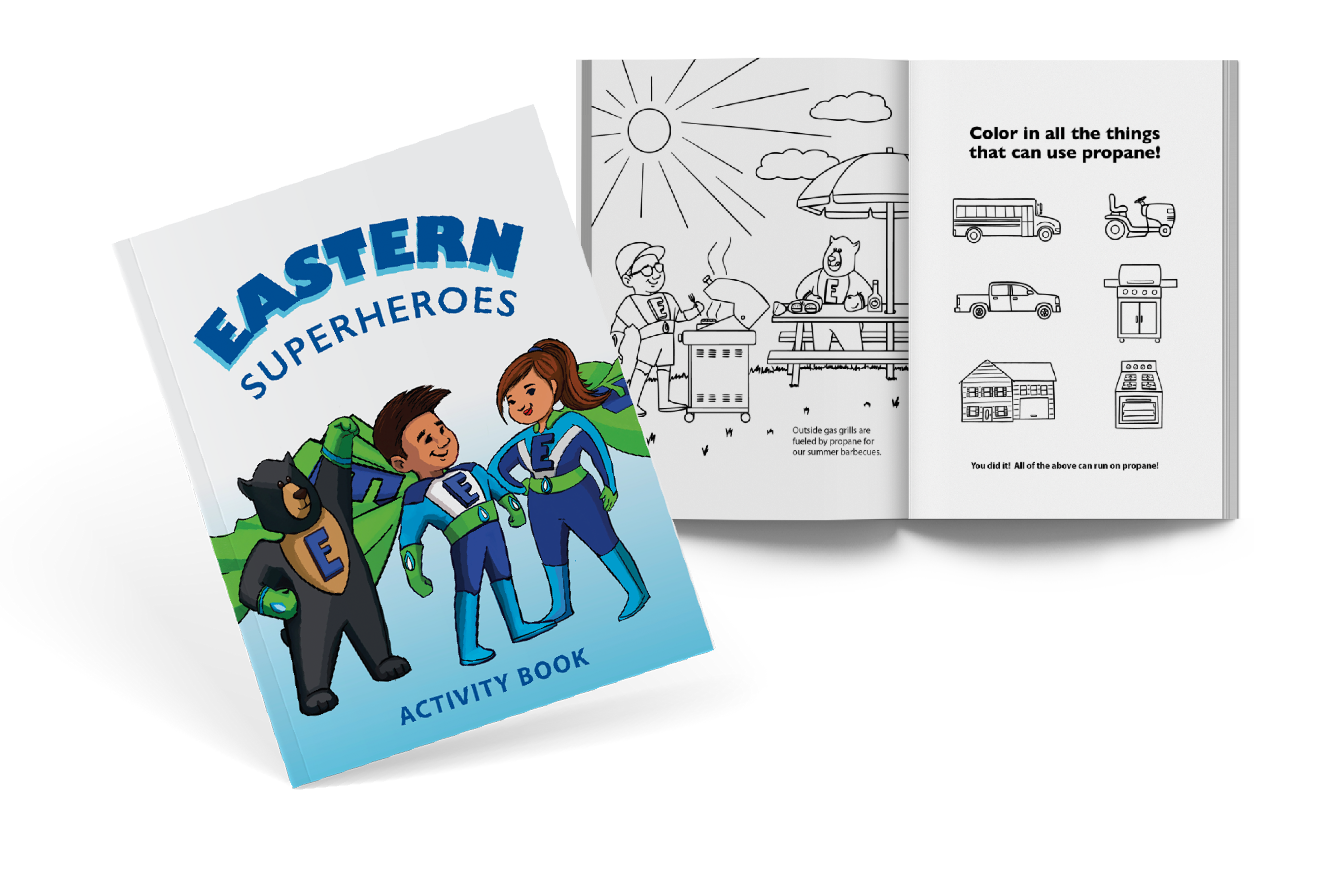 Activity book titled EASTERN SUPERHEROES with cartoon superheroes and open pages showing coloring activities.