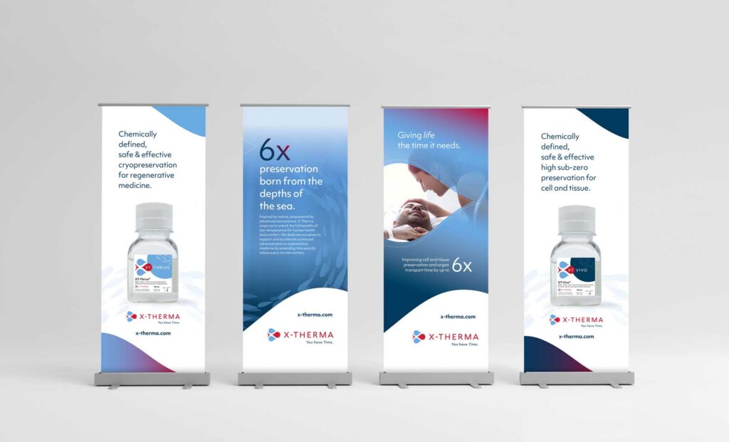 Four X-Therma promotional banners showcase cryopreservation benefits and images of a vial and a parent with a baby, featured in our website redesign case study.