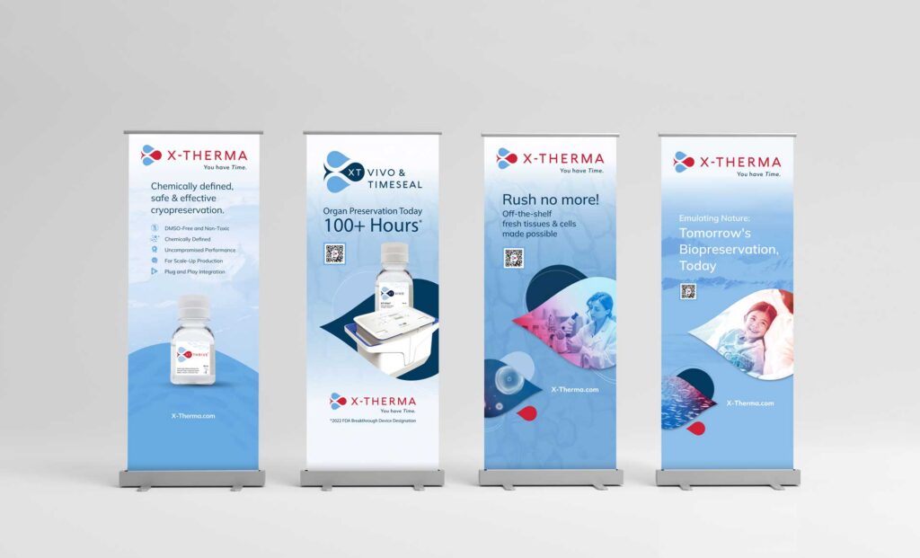 Four X-Therma promotional banners featuring biopreservation products, scientific graphics, company branding, and highlights from a recent website redesign case study.
