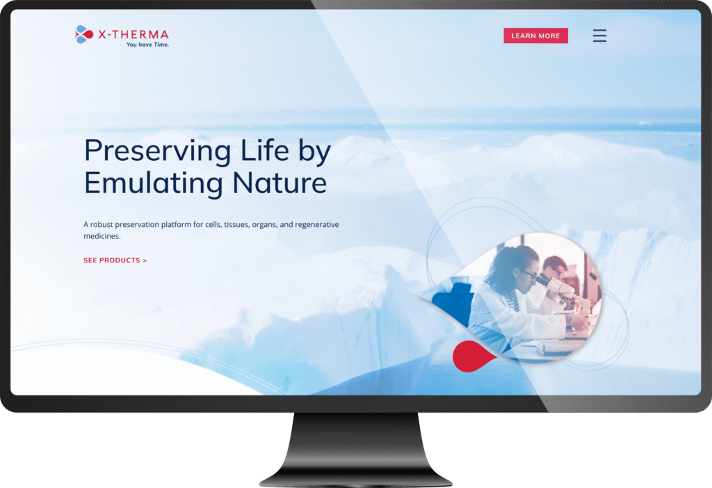 A computer screen displays the X-Therma website with the headline Preserving Life by Emulating Nature, featured in a website redesign case study.