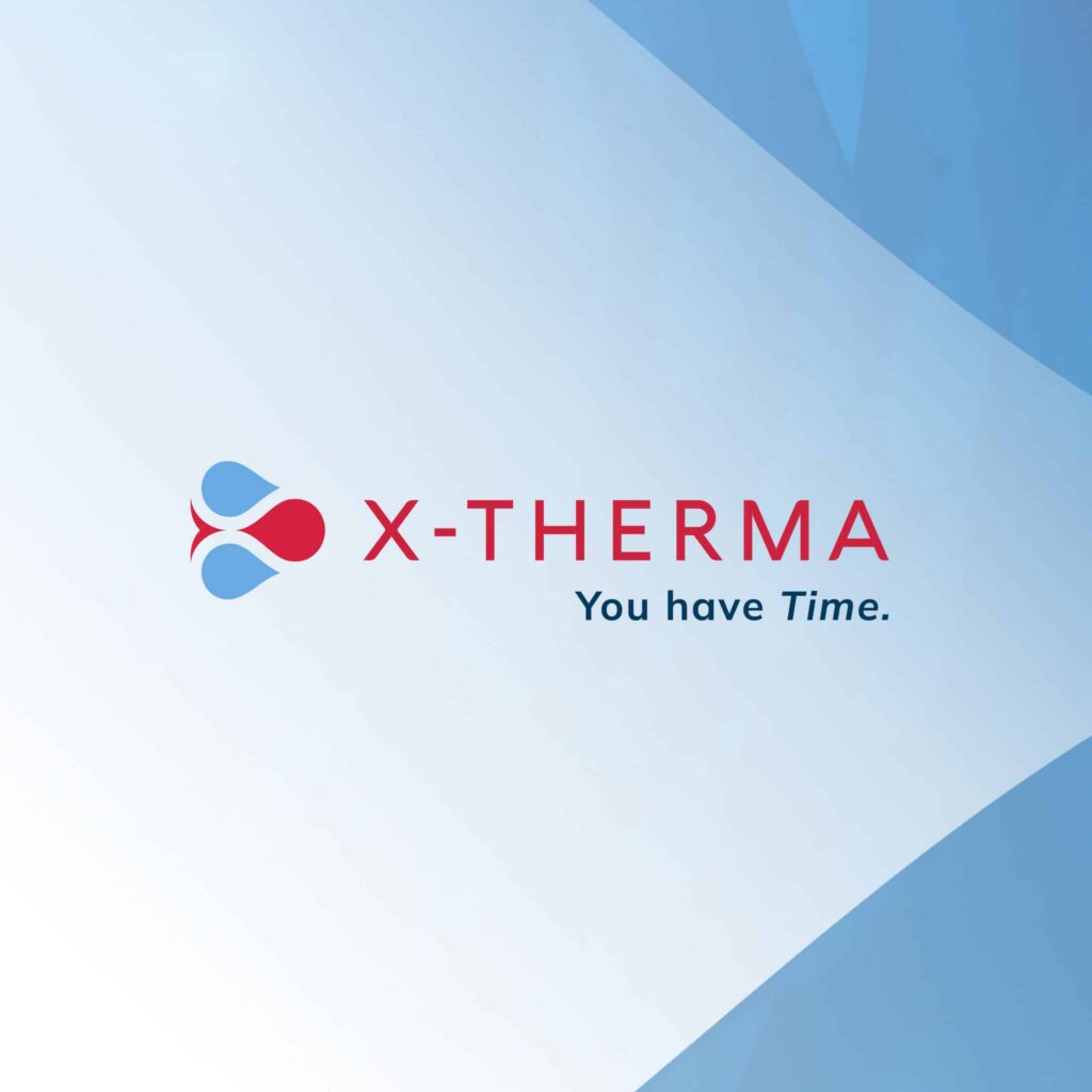 X-Therma logo with blue and red icon and the tagline You have Time. on a blue abstract background, featured in our website redesign case study.