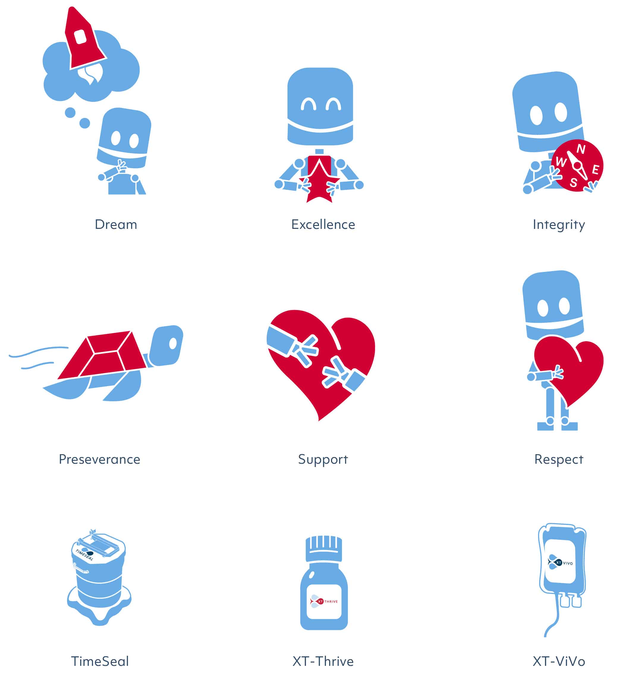 Nine blue and red icons represent values like Dream, Excellence, Integrity, and products like TimeSeal and XT-Thrive in this website redesign case study.