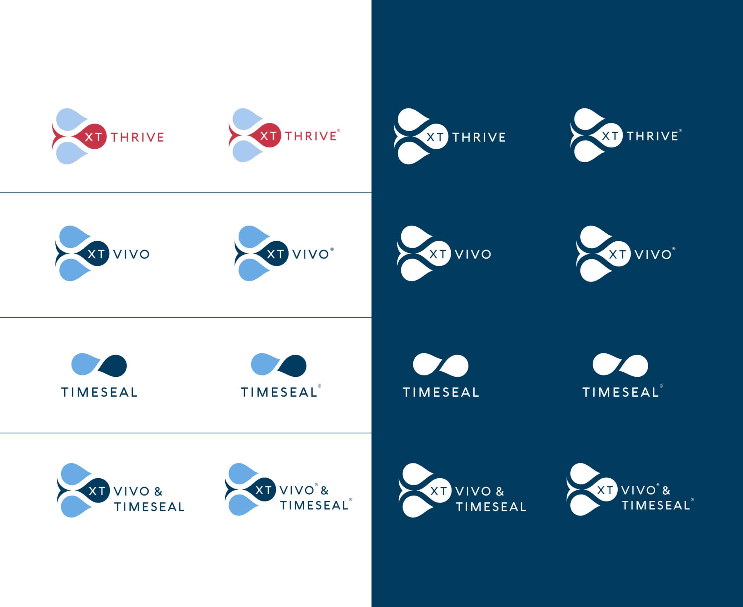 A grid of five blue and white logos on both light and dark backgrounds, labeled Thrive, Vivo, Timeseal, and Vivo & Timeseal, presented as part of a website redesign case study.