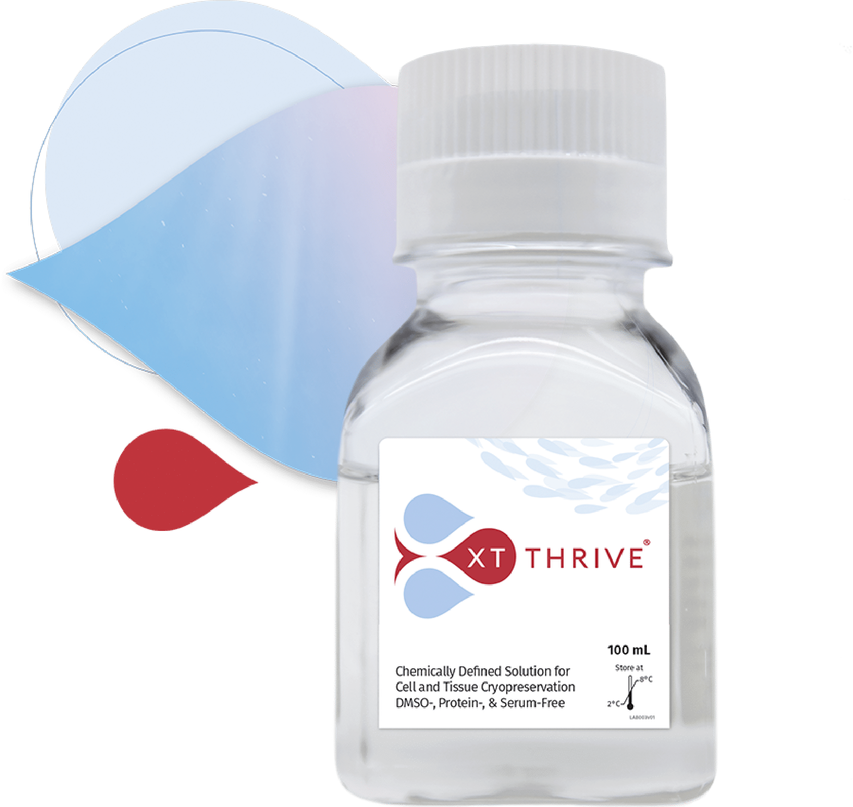 Clear bottle labeled XT Thrive cryopreservation solution, with blue and red abstract design in background—ideal for showcasing in a website redesign case study.