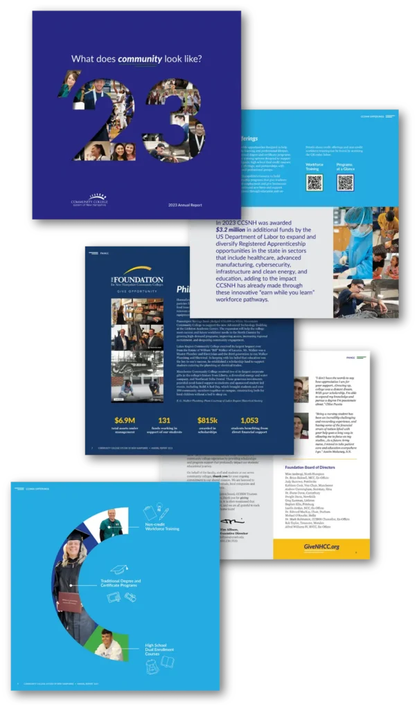 A collage of annual report pages featuring text, photos of people, infographics, funding statistics, and highlights from community college communications.