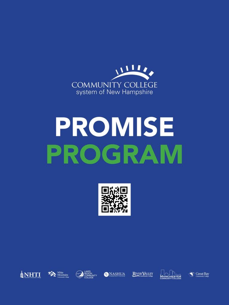 Blue poster for the Community College System of New Hampshire Promise Program, featuring a QR code and college logos, highlights community college communications.