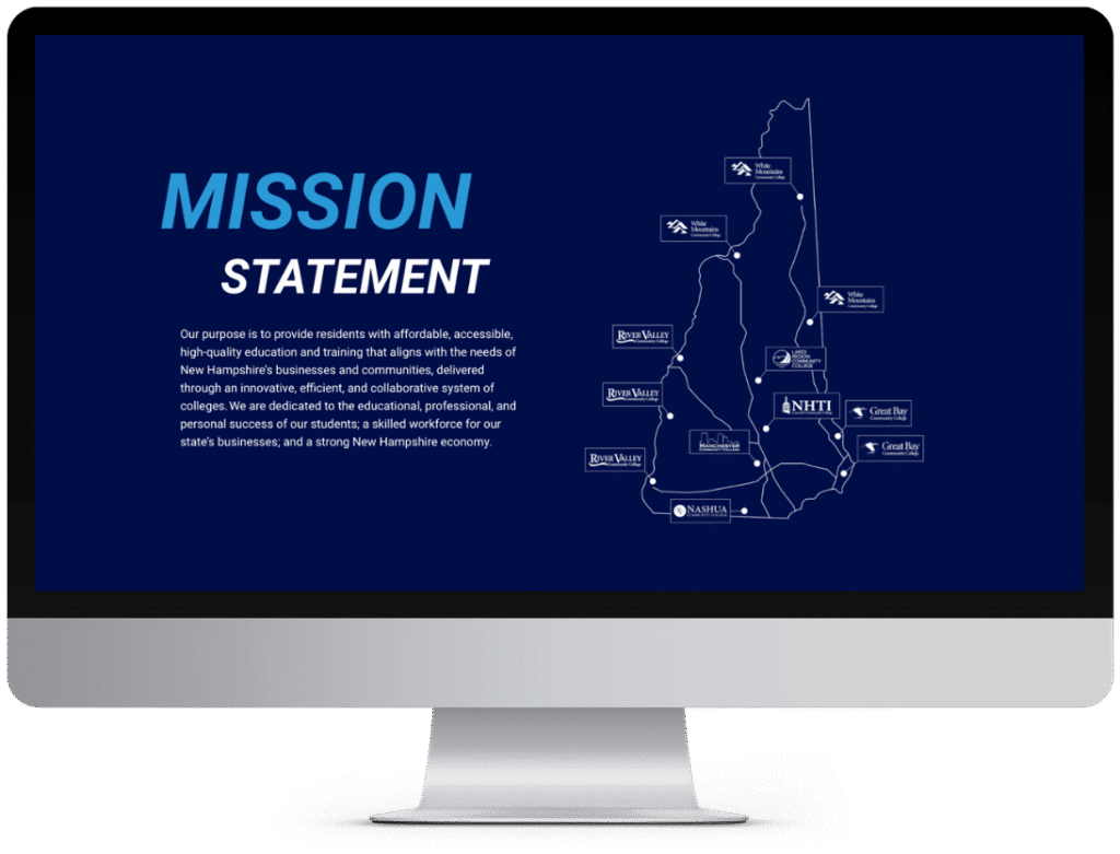 A computer screen displays a mission statement and a map of New Hampshire with labeled locations, highlighting community college communications across the state.