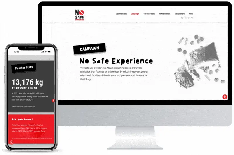 A phone and monitor display the No Safe Experience drug awareness campaign, using marketing strategies and key stats to boost public awareness about the dangers of fentanyl.